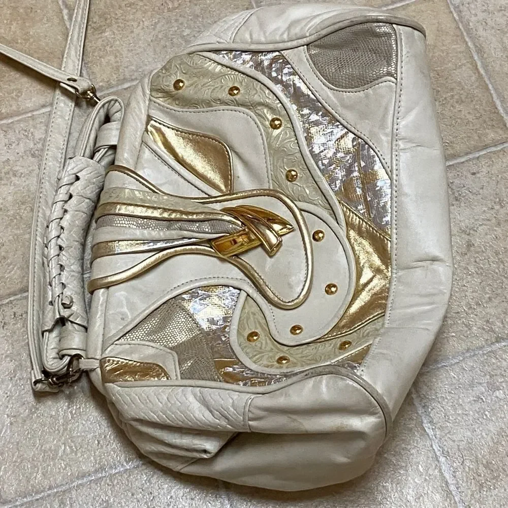 VTG,BAGS BY PINKY GENUINE LEADER MADE IN USA Elegant Cream and Gold Women's Bag - Picture 8 of 16
